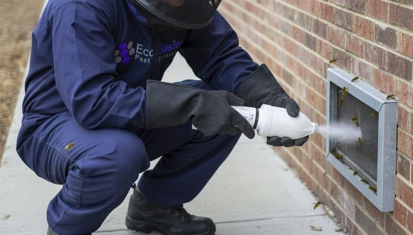 Professional wasp technician applies insecticide dust into a foundation vent to eliminate a yellow jacket nest, using specialized tools while wearing full protective gear including gloves, boots, and a mesh veil for safe and precise nest treatment.