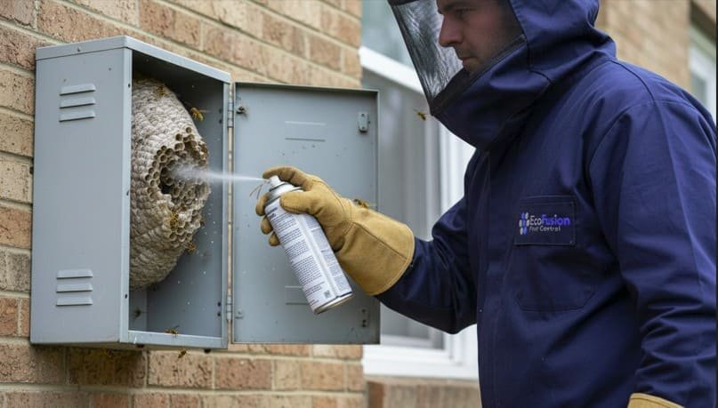 Professional wasp technician carefully treats an active nest inside an outdoor utility box, applying insecticide directly into the cavity using specialized tools while wearing full protective gear including gloves, boots, and a secured mesh veil for safe and precise nest control.