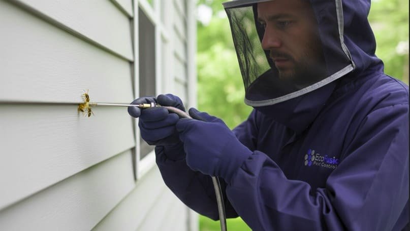 Professional wasp technician injects insecticide into a narrow siding crack to eliminate a yellow jacket nest, using a precision tool while wearing full protective gear including gloves and a secured mesh veil for safe and targeted treatment.